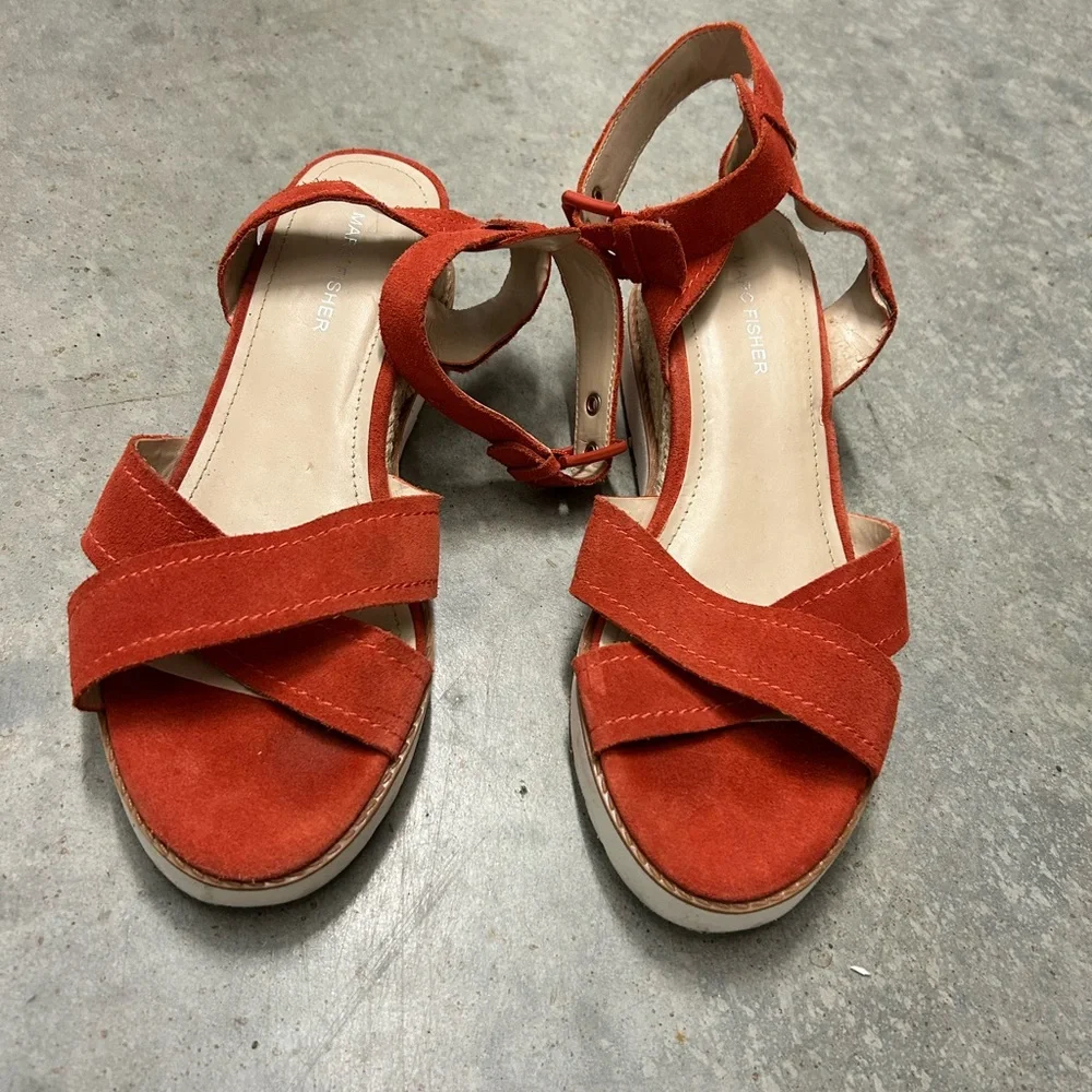 Marc Fisher Orange Wedge Sandals with Crisscross Straps Preowned